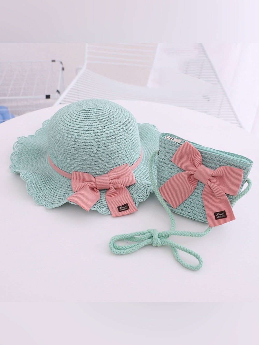Kids Mint Green Straw Hat and Bag Set with Pink Bow